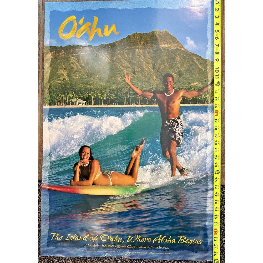O'ahu Hawaii Island Travel Poster Vintage Surfing Ocean Volcano Tropical 36" EUC